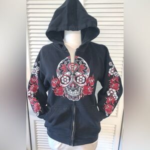 Vintage hot leather sugar skull roses, zip up hoodie